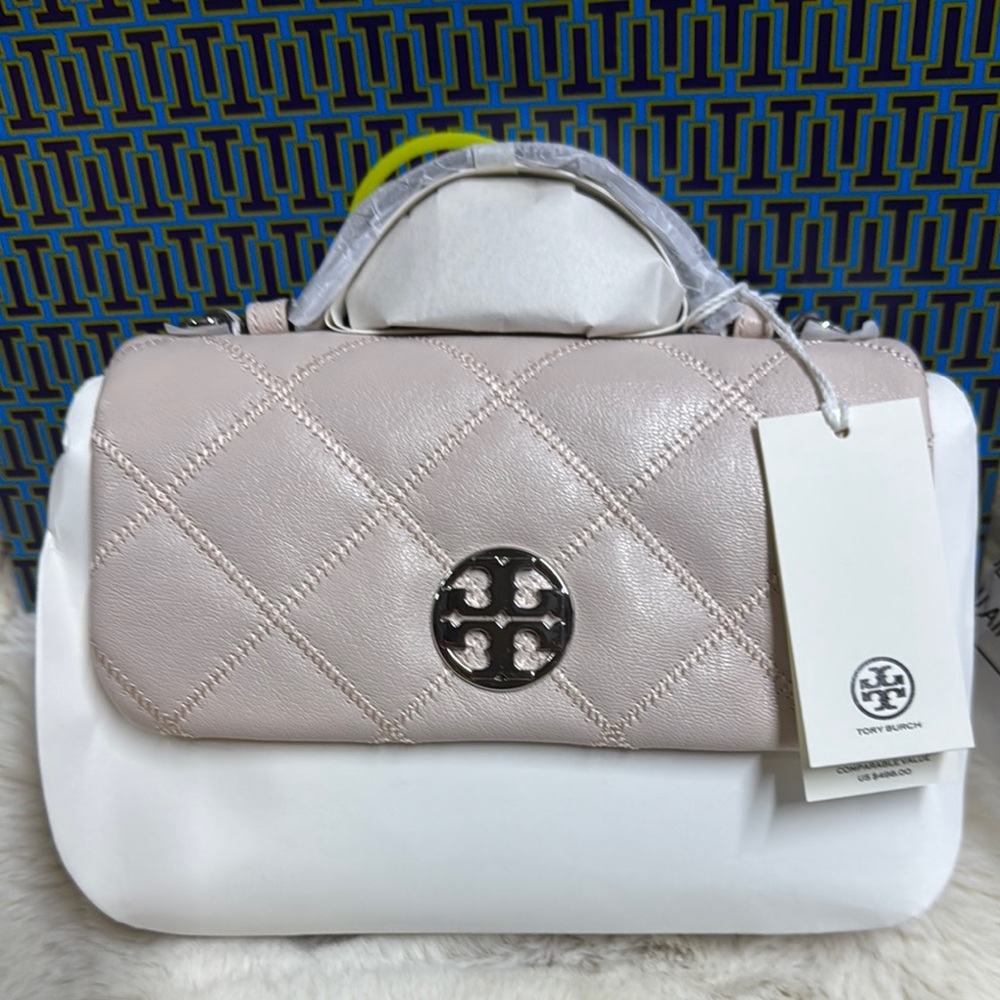Tory Burch Pink and White Satchel with Quilted Design